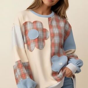 T22 NWT Haptics Plus Round Neck Bubble Long Sleeve Patches Plaid Top 1X 2X 3X